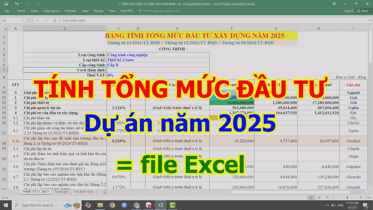 Bảng tính TỔNG MỨC ĐẦU TƯ dự án xây dựng mới nhất năm 2025 bằng file Excel