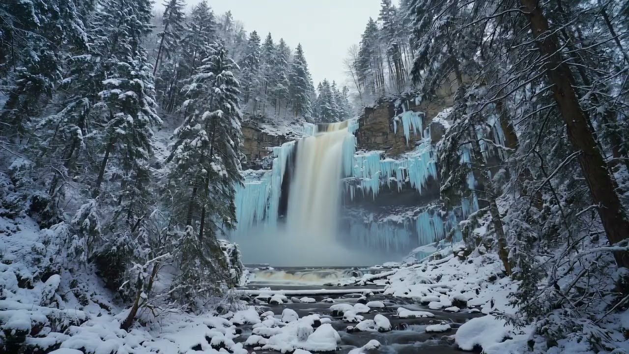 Snowy Forest Waterfall ❄️ Waterfall & River Sounds | Natural Winter Ambience 🌲