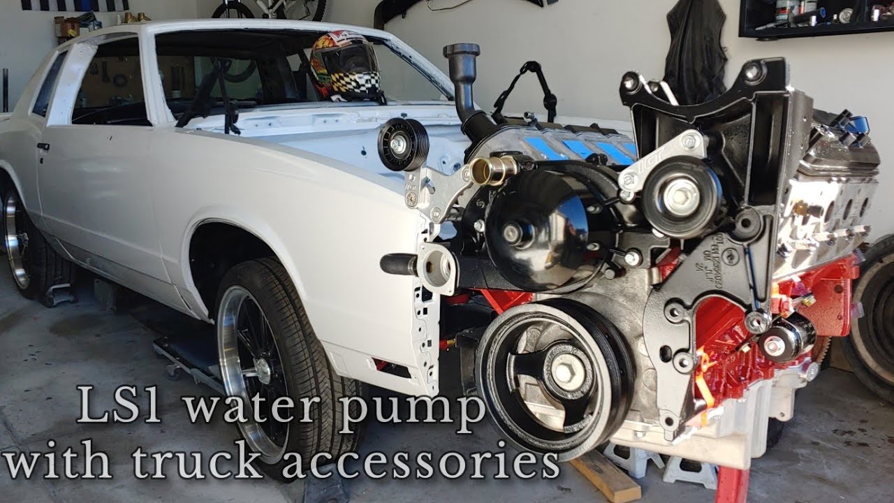 LS1 water pump with truck accessories and low profile intake on 4.8/LS swap