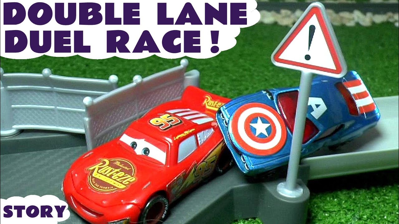 Disney Cars игрушки дуэль гонки Маккуин против Капитан Америка семьи весело видео для детей TT4U