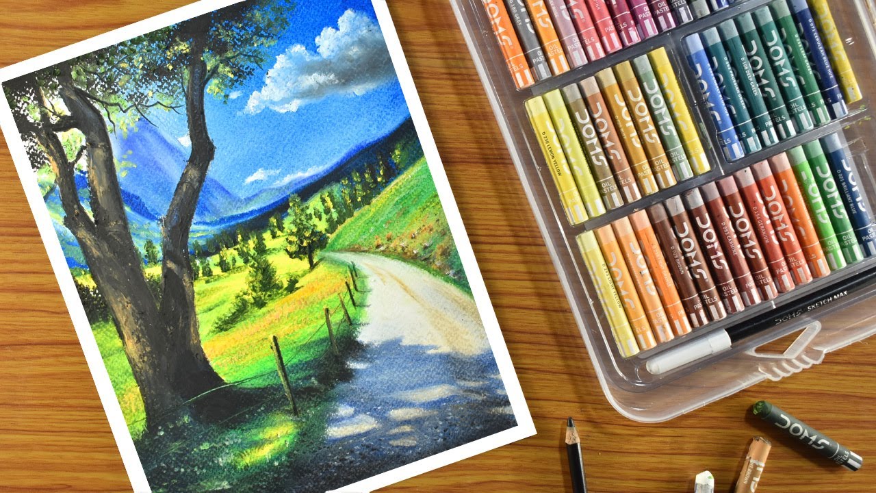 Oil Pastel Scenery Drawing - step by step / mountain Landscape Painting with Oil Pastel