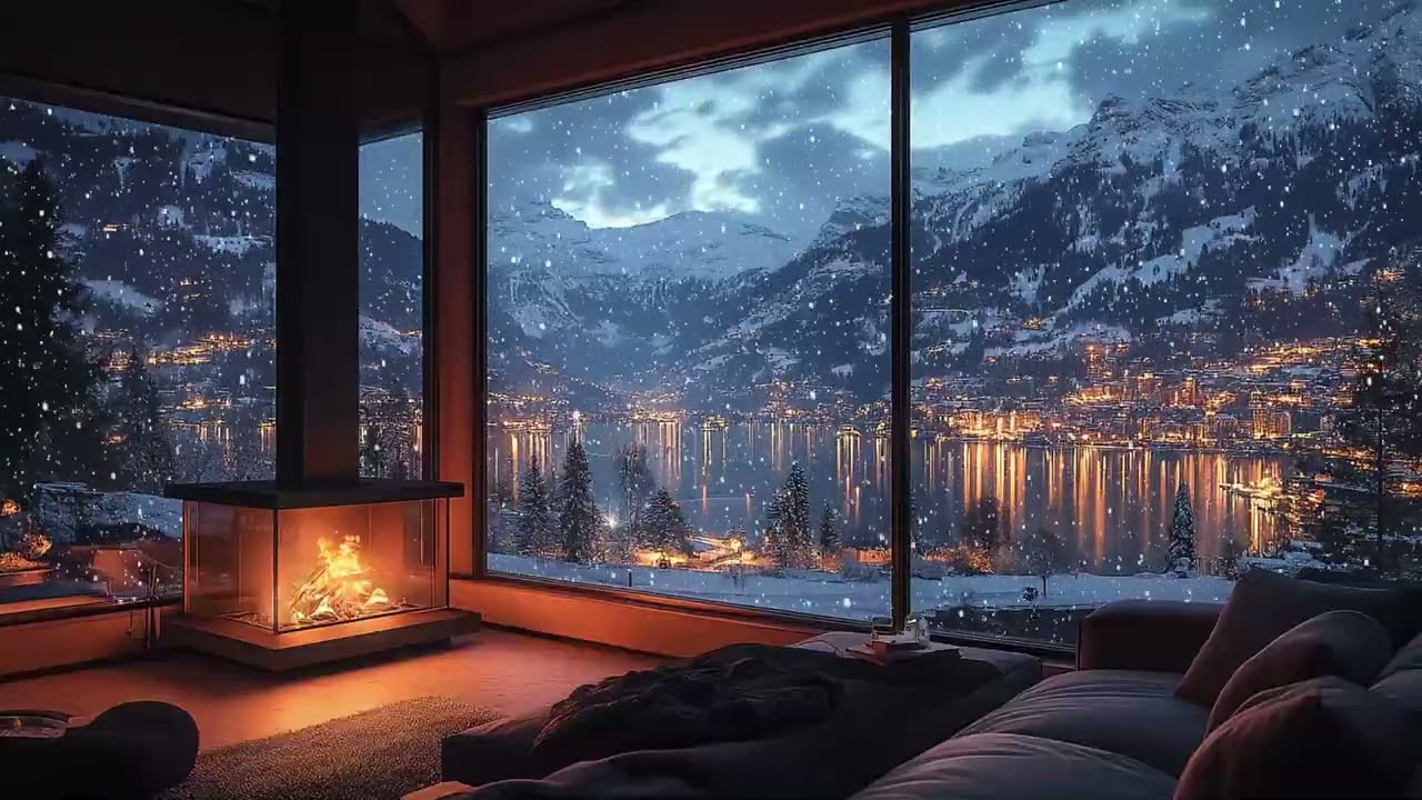 Heavy Snow in the Night | Strong Winter White Noise with a Gentle Fireplace Glow