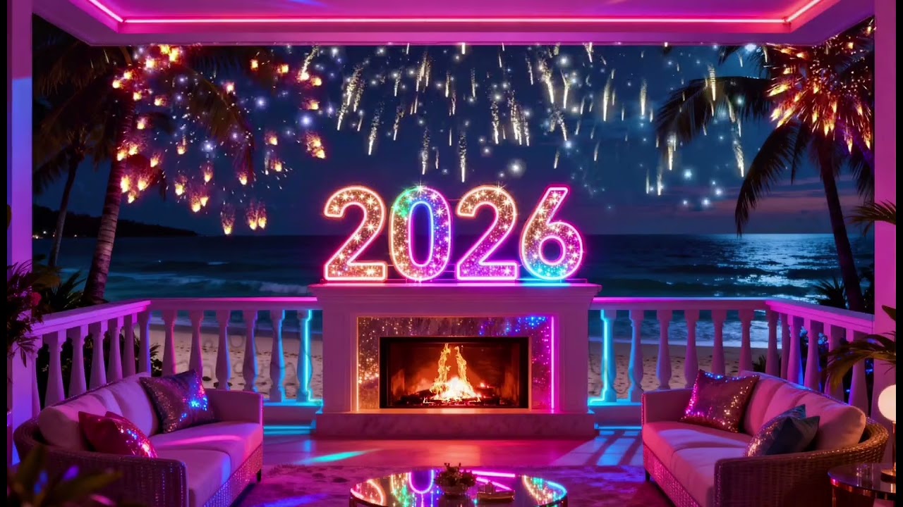 2026 NYE fireworks & fireplace ambience🎆colorful New Year&rsquo;s party background wallpaper