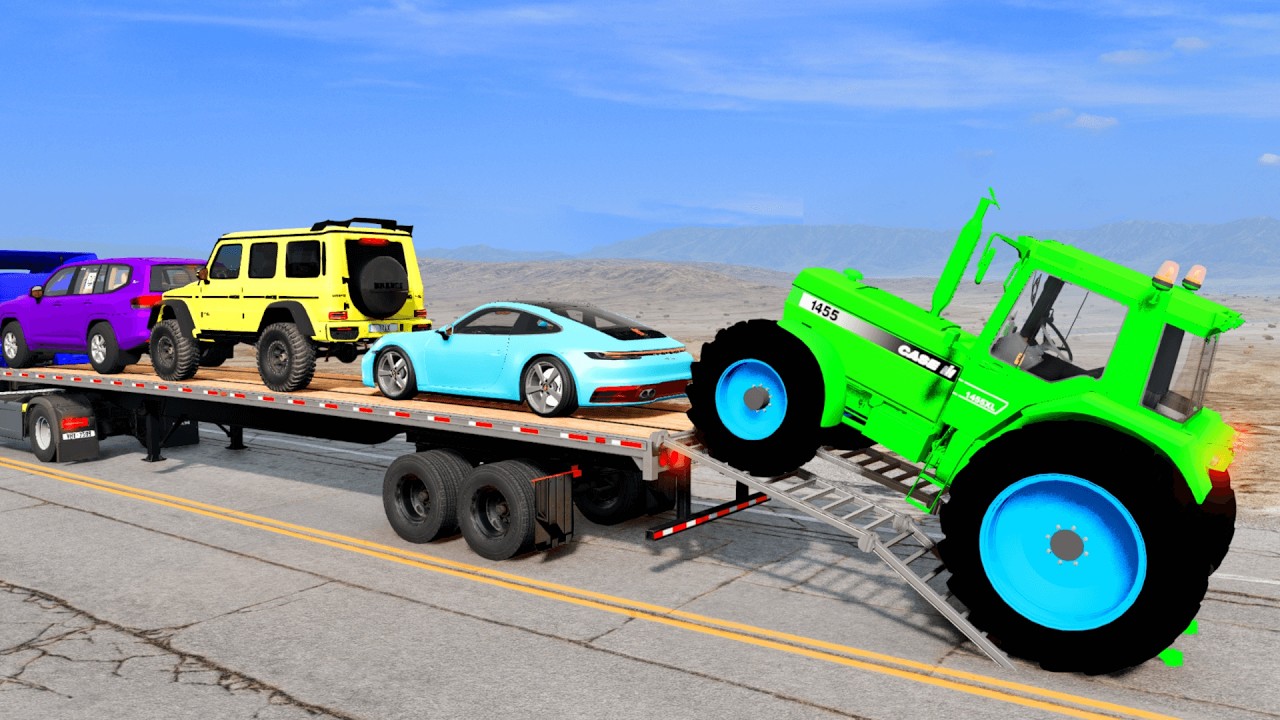 Flatbed Trailer McQueen Transportation with Truck - Speedbump vs Car vs Train - BeamNG.drive #66