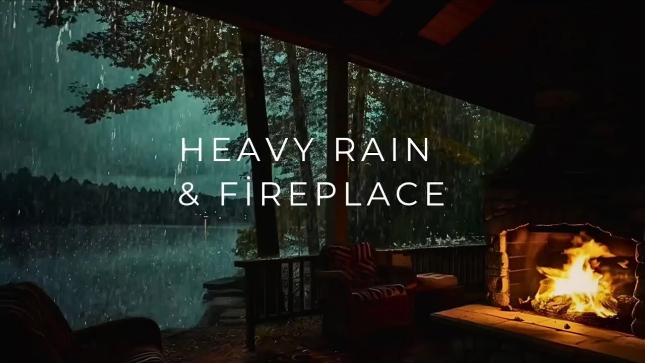 Cozy Cabin Ambience: Heavy Rain on Window & Crackling Fireplace (No Music) 🌧️🔥