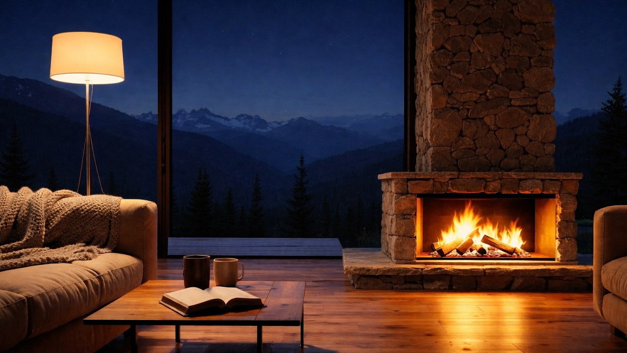 Luxury Mountain Cabin at Night 🔥 Fireplace & Alpine View | Calm Focus Ambience 4K
