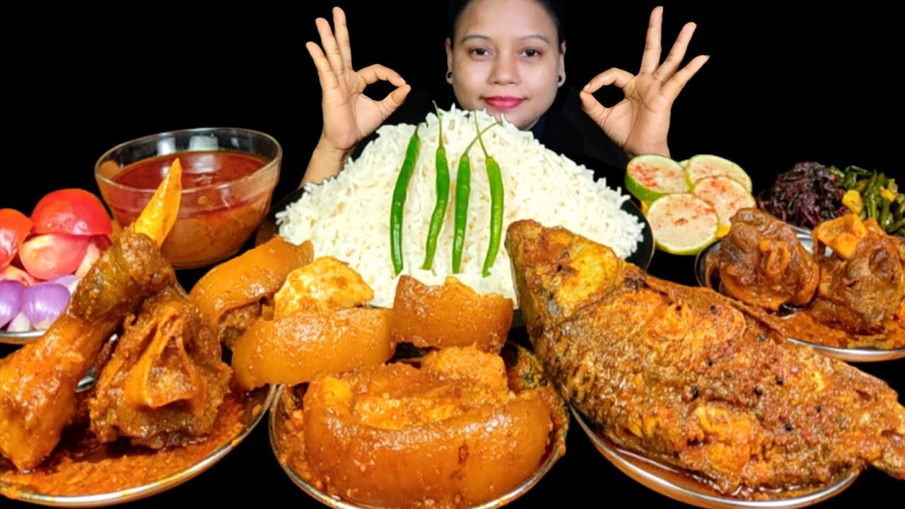 ASMR EATING SPICY WHOLE FISH CURRY WITH RICE | MUTTON CURRY, PORK CURRY, SAAG BHAJI & CHILLI MUKBANG