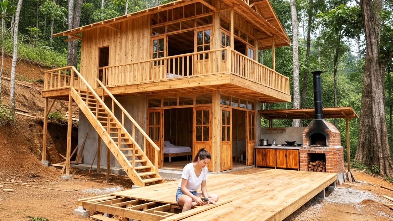The TALENTED GIRL Built her DREAM LOG CABIN on a Dangerous Slope in the FOREST.