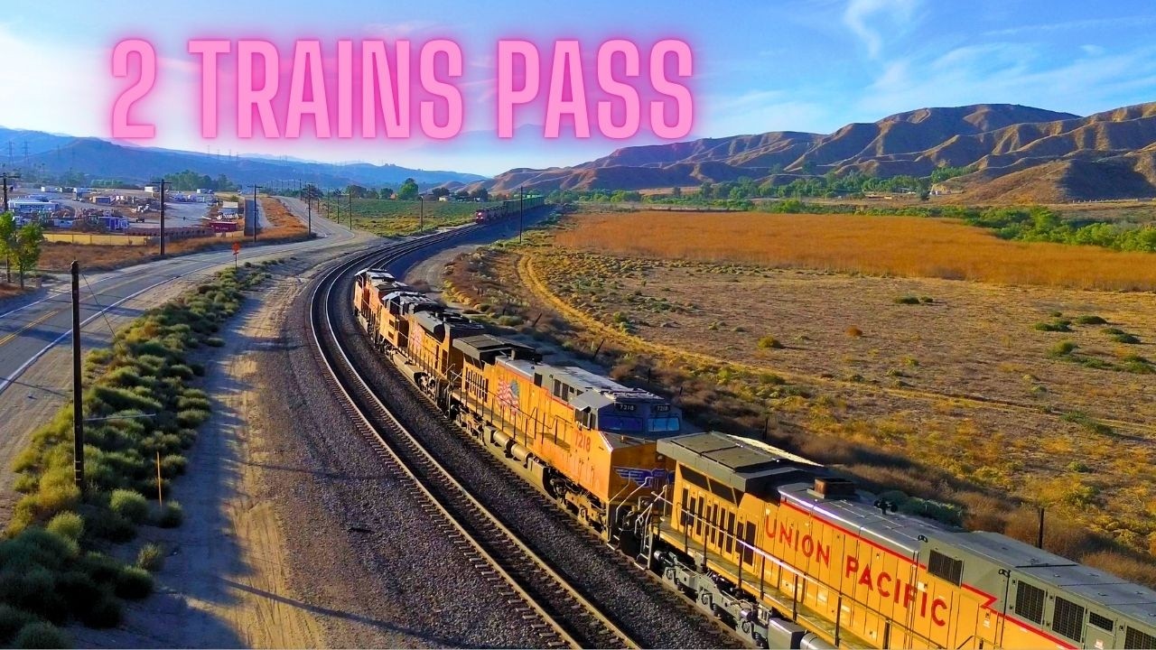 2 HUGE STACK TRAINS MEET IN THE CANYON - Great Drone Views & Audio! - 2024