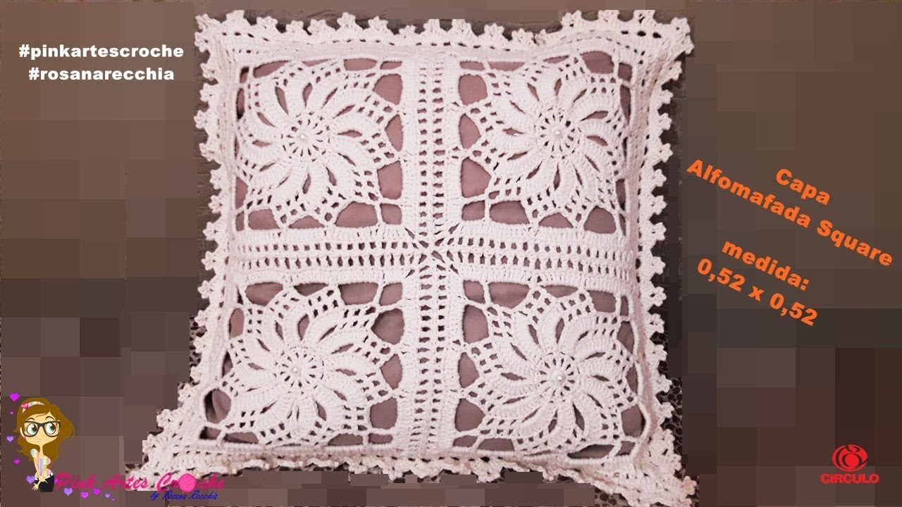 👊# Capa Almofada Square - Pink Artes Croche by Rosana Recchia