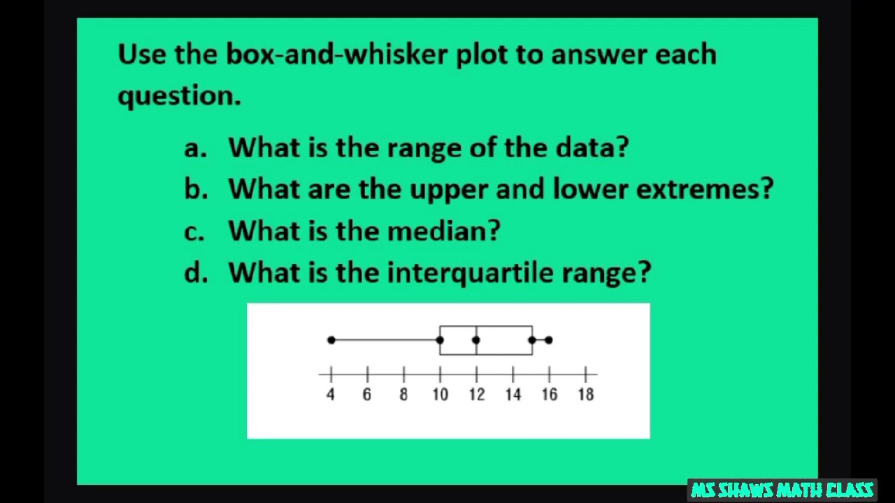 Given box and whiskers plot find range, interquartile range, median and upper lower extremes