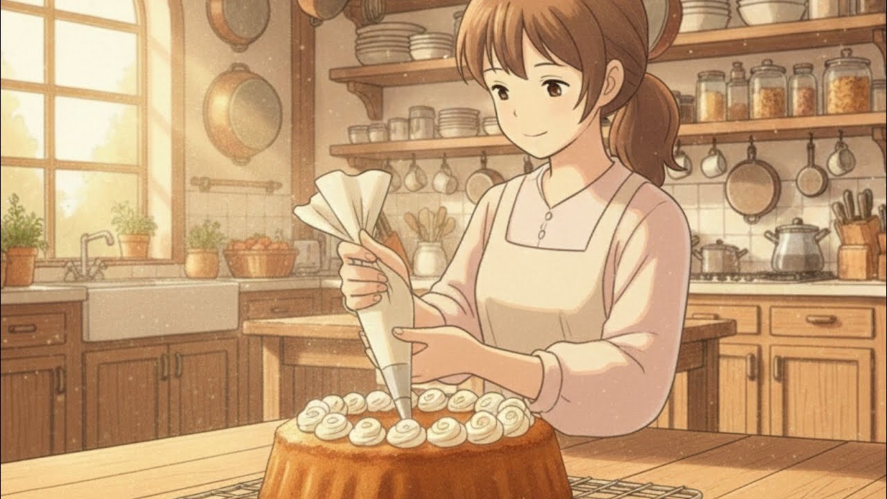 Housewife make cake ghibli style 