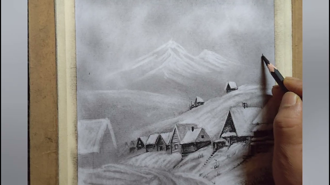  Exploring a  Mountain Snow Village Sketch With Charcoal # Snow Village # Charcoal Pencil Sketch.