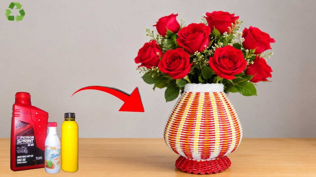 DIY Elegant Flower Vase from plastic waste/ weaving plastic bottle, diy waste materials craft idea.