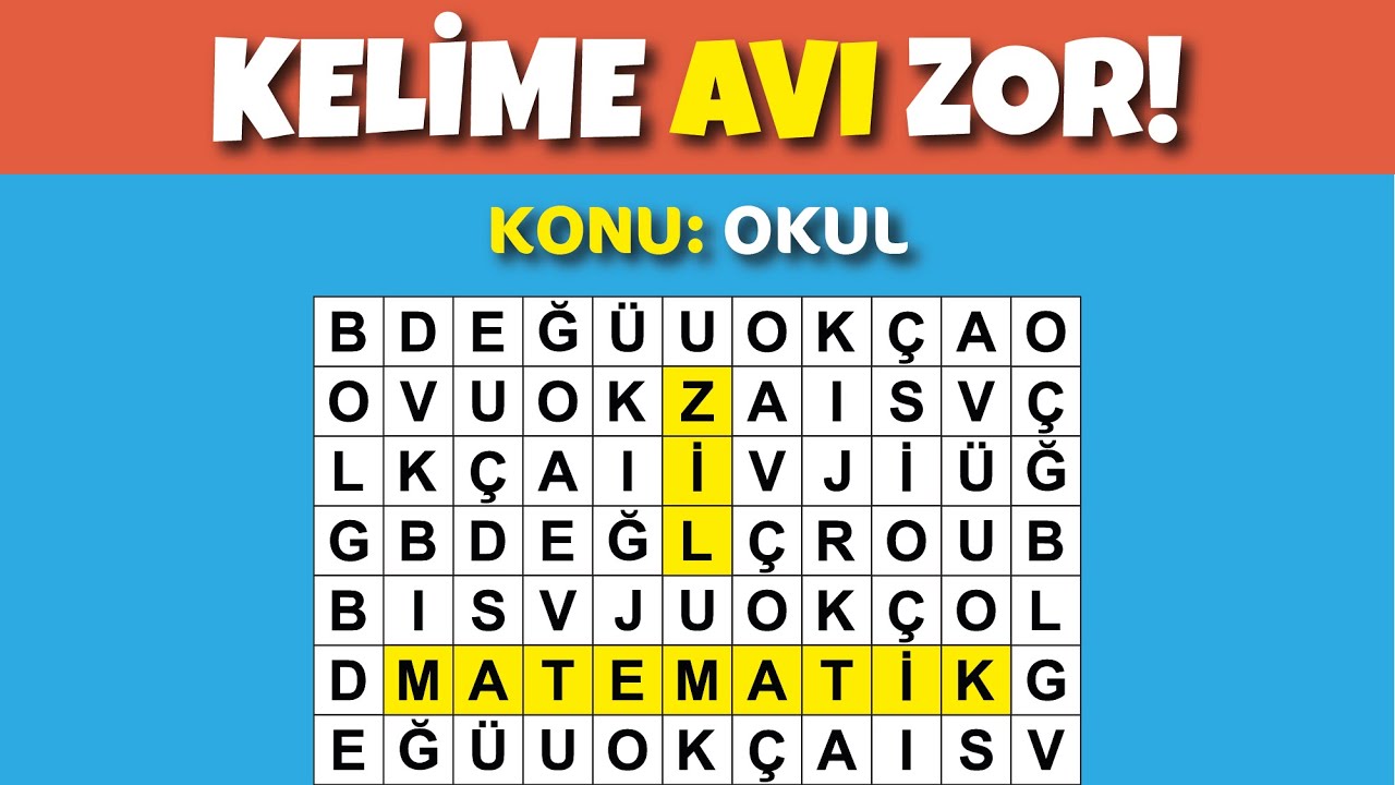 KELİME AVI ✍️ Konu: OKUL 🎓 Gizli Kelimeleri Bulabilir misin? 🤔 Turkish Quiz, Kelime Bulmaca