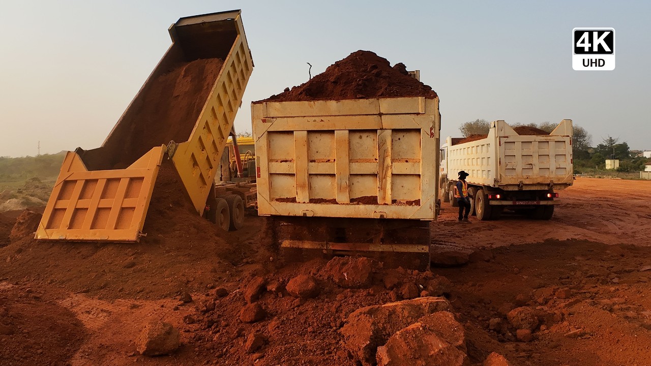 Dump Trucks Pour Gravel Sand Dozer Levels and Bomag Compacts 4K