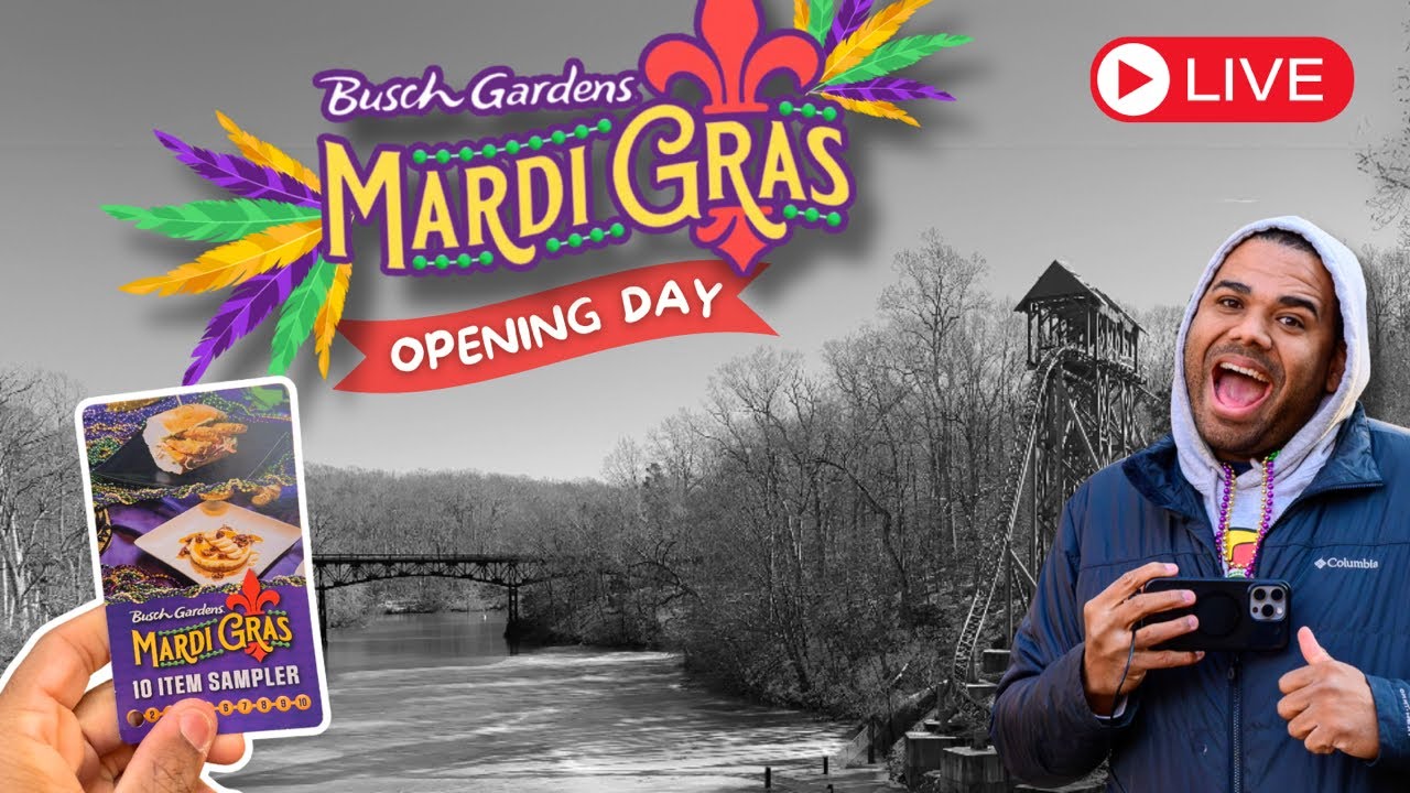 We’re LIVE at Busch Gardens Williamsburg Mardi Gras!Trying ALL the Food