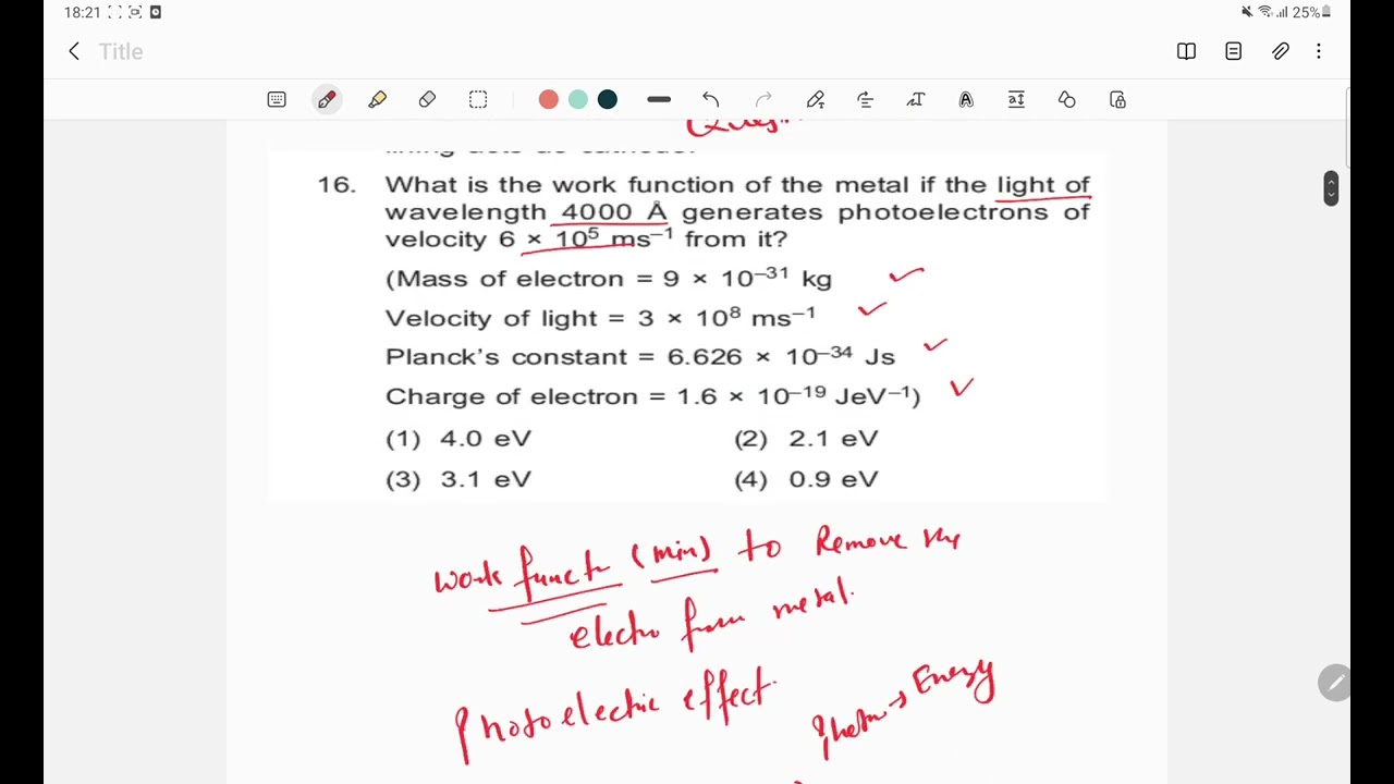 calculation of work function of metal jee question 2019 #photoelectric #jee #jee2019 #neet #atomic
