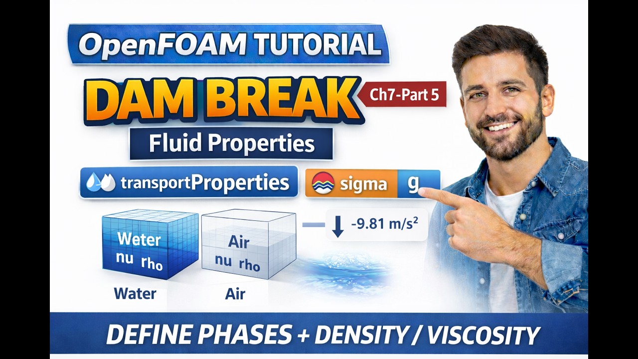 OpenFOAM Dam Break: Fluid Properties (transportProperties, sigma, gravity g) | Ch7–Part 5