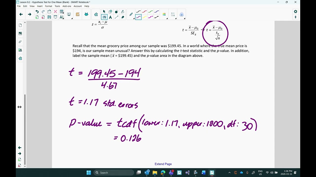 Lesson 8.2: Hypothesis Test for One Mean (Video Lesson)