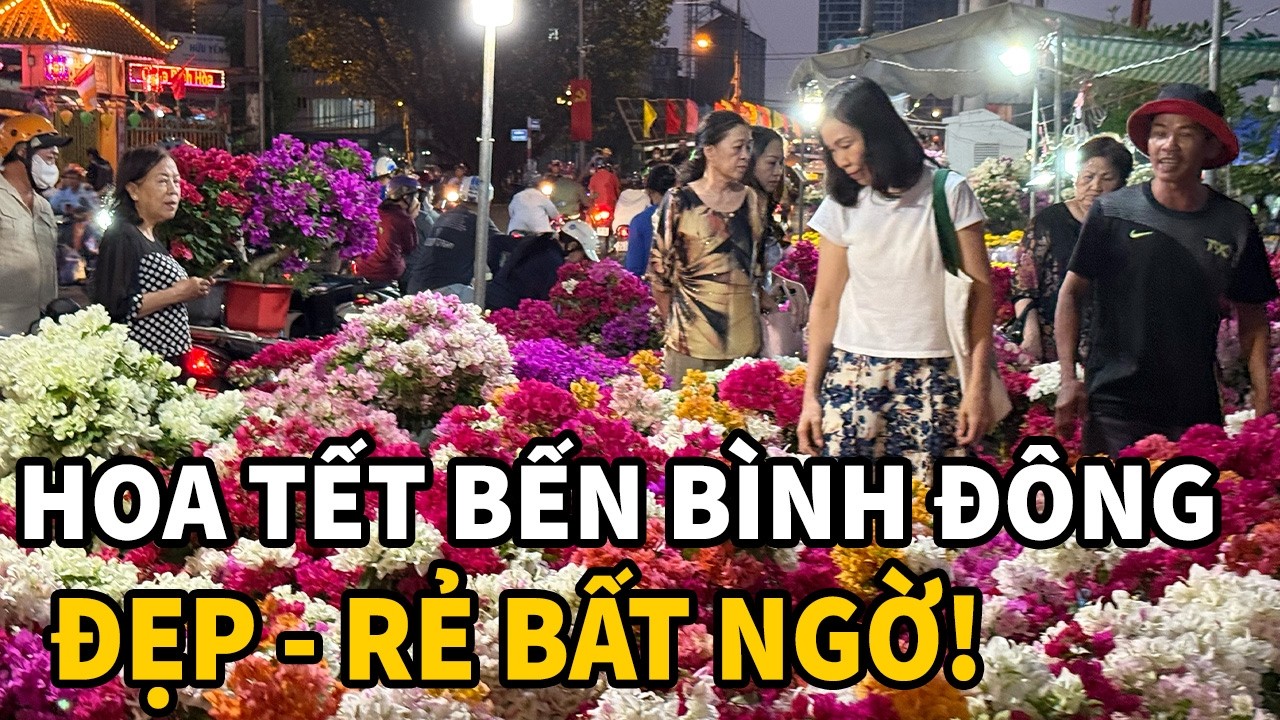 Chợ hoa Tết Bến Bình Đông trên bến dưới thuyền tưng bừng rực rỡ mai, cúc, bông giấy chỉ 100k