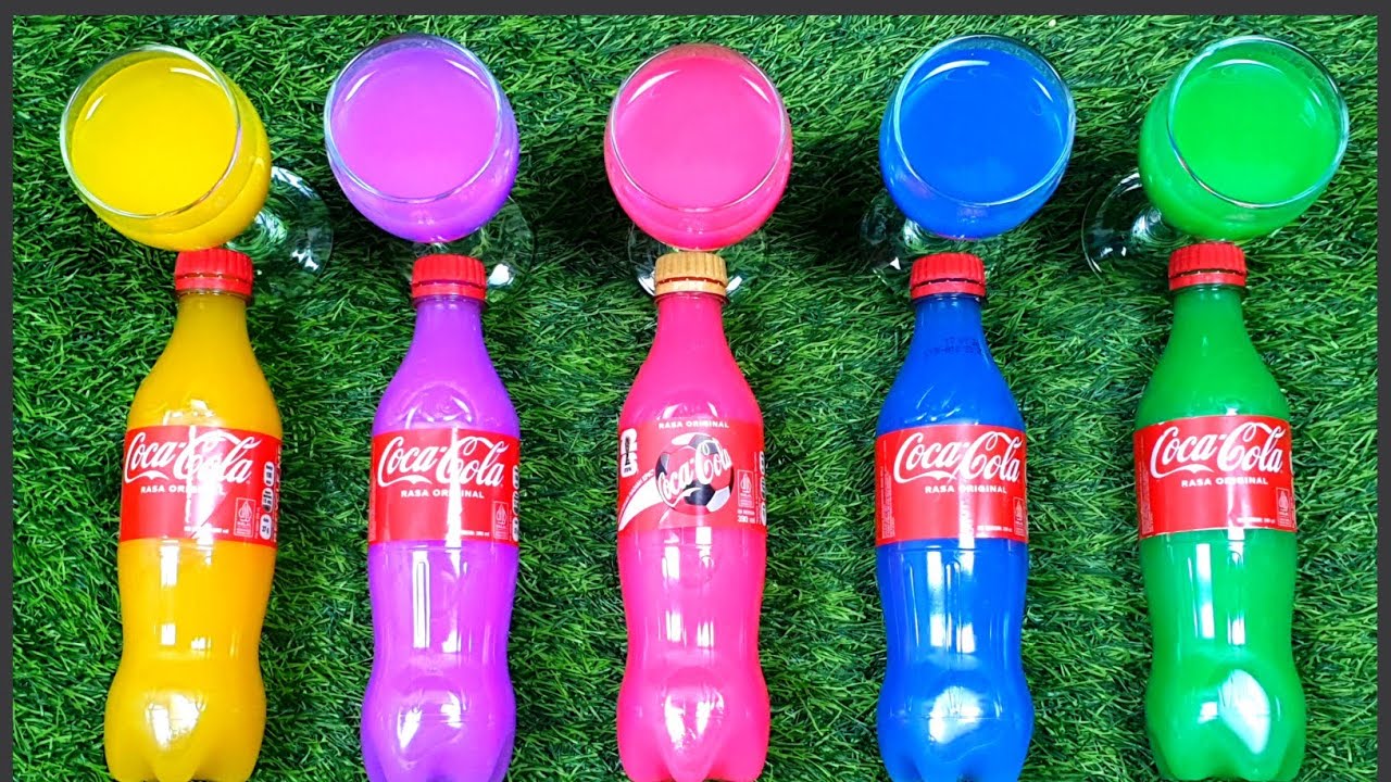 ASMR Color Coca Cola Bottle Pressing Sounds and Pouring Rainbow Water Satisfying Experiment