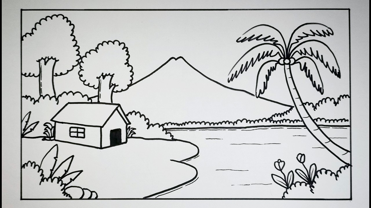 Cara menggambar pemandangan rumah dan danau