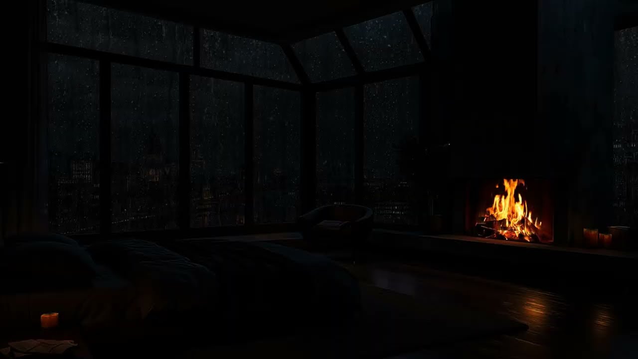 Quiet NYC Apartment Night with Rain Sounds🌧️Warm Fire Sounds & Rain On Window for Deep Rest, Relax