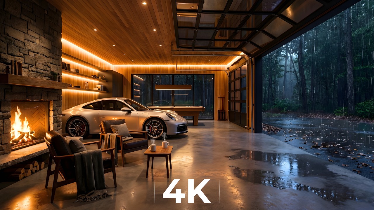 Rainy Morning in a Forest Garage | Fireplace & Soft Piano | Cinematic AMVL 4K