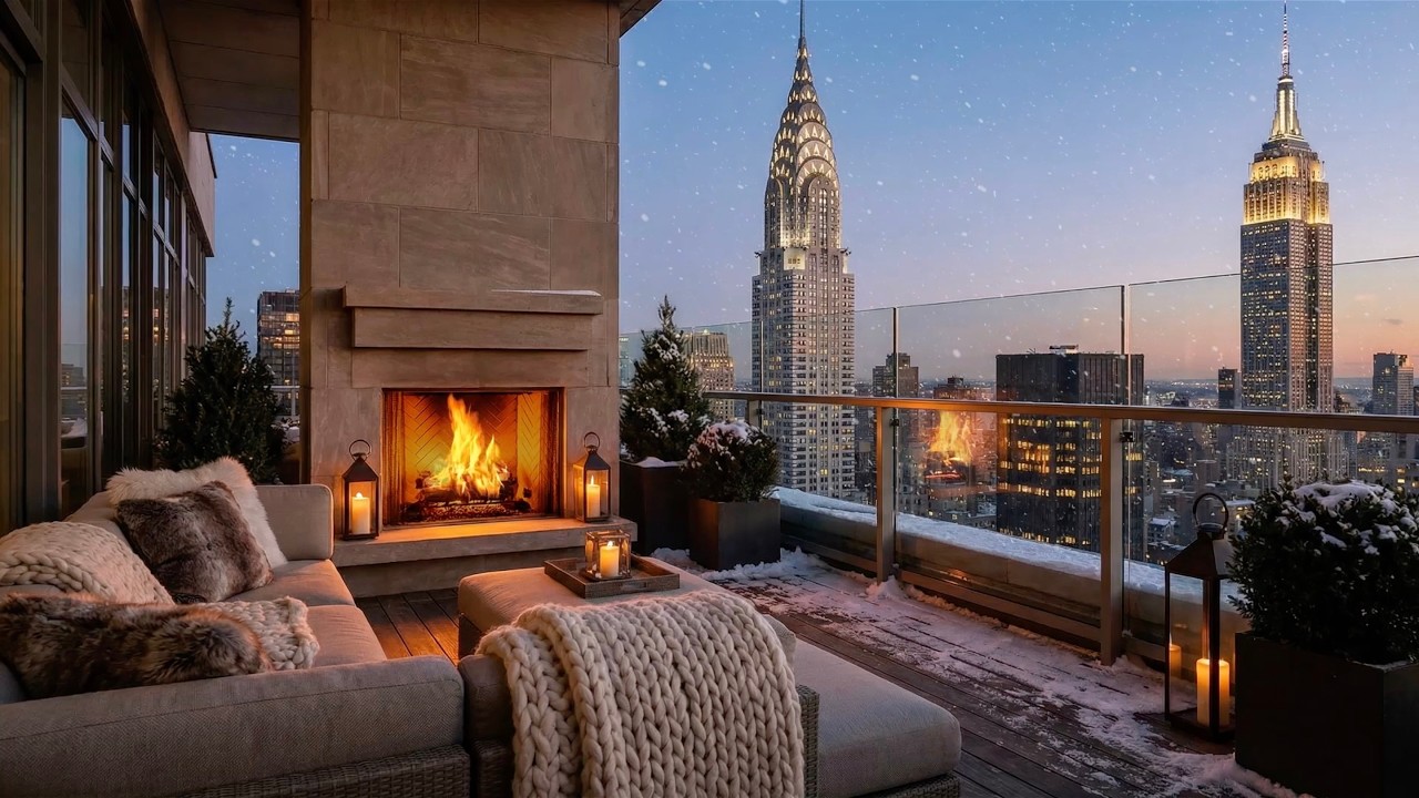 New York City Evening Winter Balcony Ambience for Relax, Chill, Work 😌🏙️❄️ (Fireplace Sound)