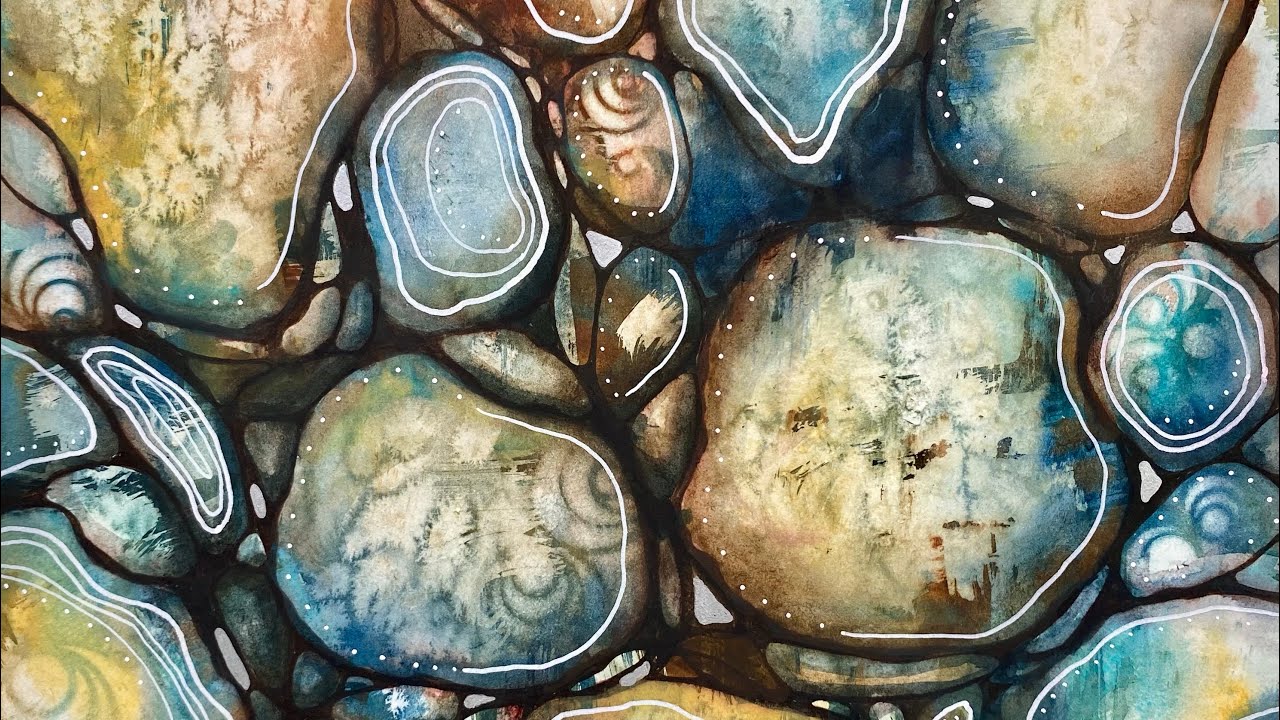 WATERCOLOR rocks - mixed media & neurographic inspired ink lines - 306