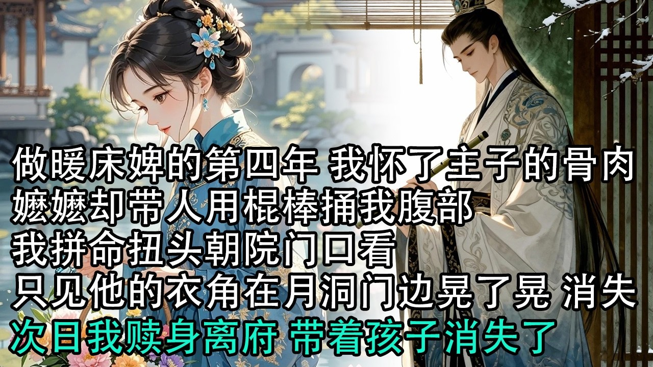 【一口氣看完】做暖床婢的第四年 我懷了主子的骨肉，嬤嬤卻帶人用棍棒捅我腹部，我拼命扭頭朝院門口看，只見他的衣角在月洞門邊晃了晃 消失，次日我贖身離府 帶著孩子消失了#古言 #有聲小說 #情感故事
