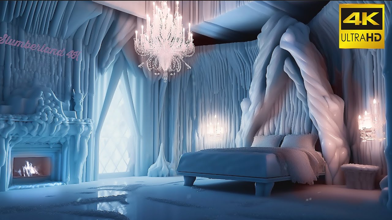Relax in the ice bedroom of Elsa ❄ Frozen Ambience Crackling Fireplace 4K 🔥 ice sounds ASMR