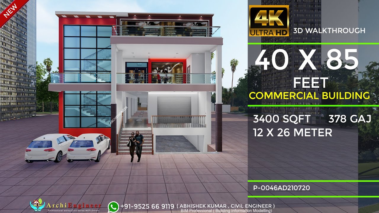 40x85 House Design 3D | 🔥🔥3400 Sqft | 378 Gaj |Commercial Building Design | ArchiEngineer