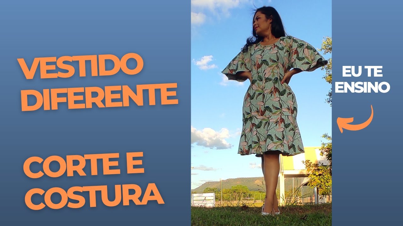 CORTE E COSTURA DO VESTIDO DIFENTE COM MANAGA BORBOLETA E BABADO GODÊ