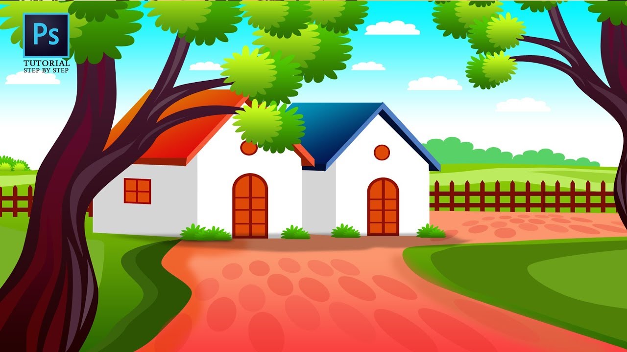 House & Background Drawing - Photoshop Tutorial