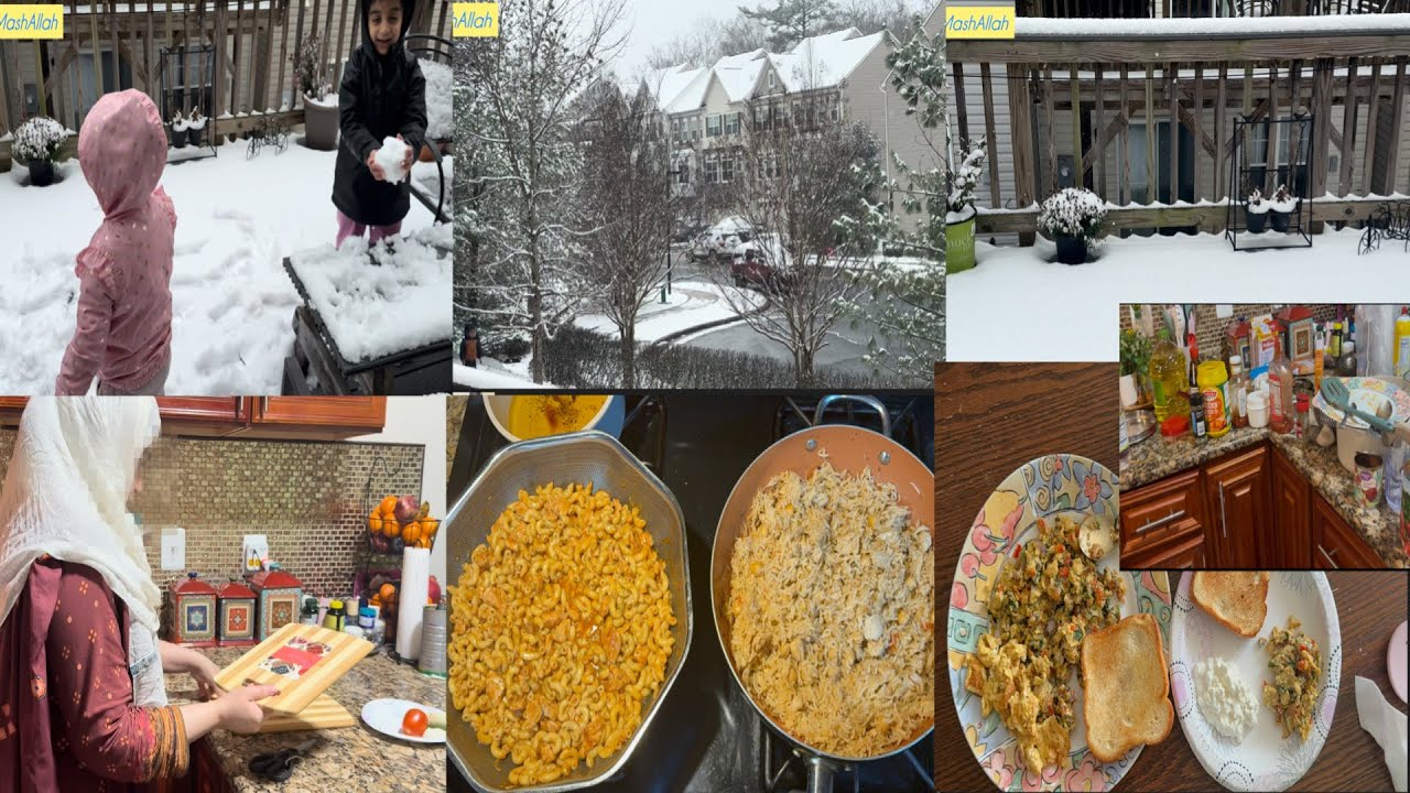 Season’s First snow with Veggie Omelette Breakfast Chicken & channa Pulao🍲Helping kids 😇