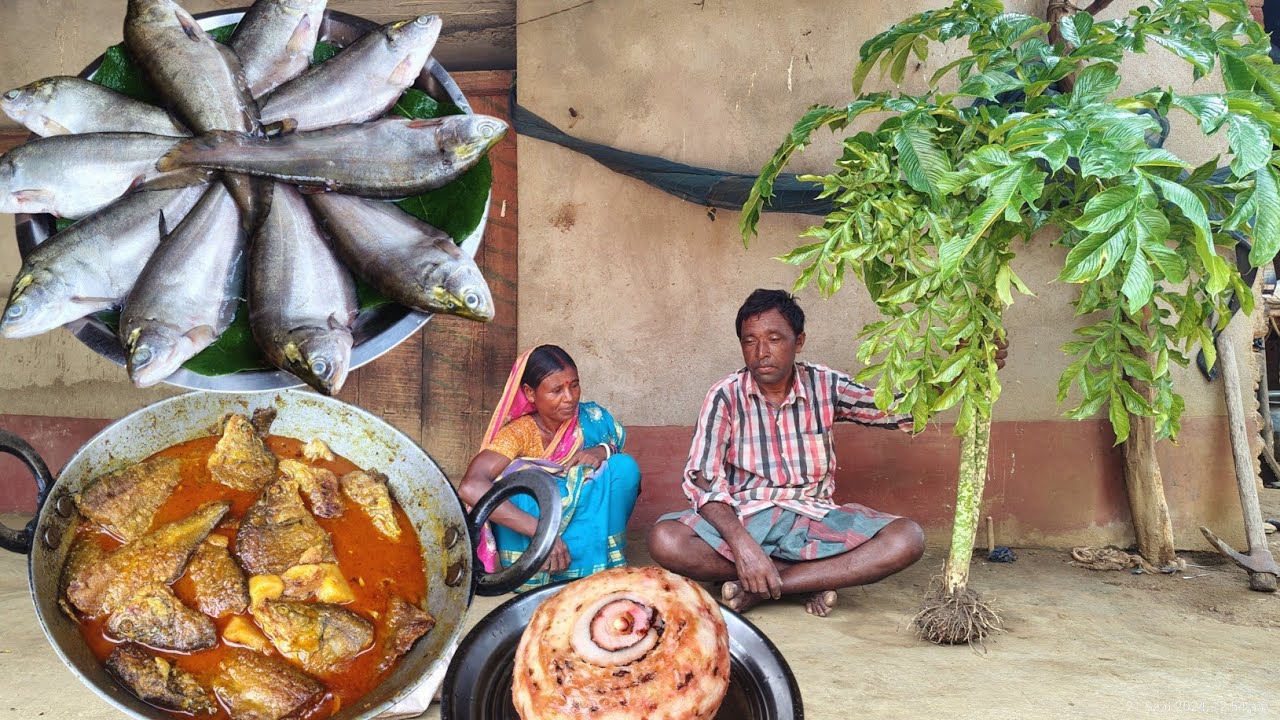 FISH CURRY with OL KOCHU cooking and eating SOJNE pata vaji by tribe parents|village life cooking