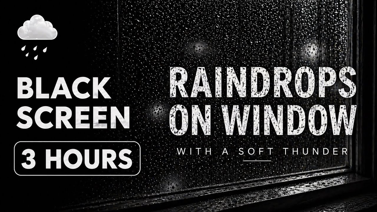 Raindrops on Window - with a Soft Thunder | Black Screen | 3 Hours Rain Ambience