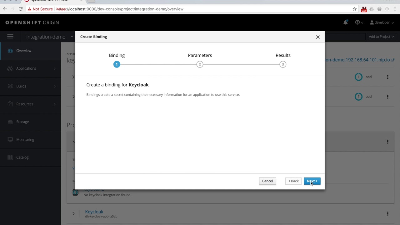 Demonstration of integrations in openshift web console