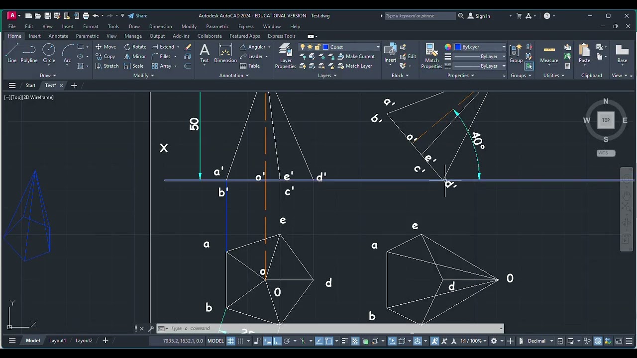 Projection of Pentagonal Pyramid Resting on HP on a Corner | Engineering Graphics | AutoCAD Tutorial