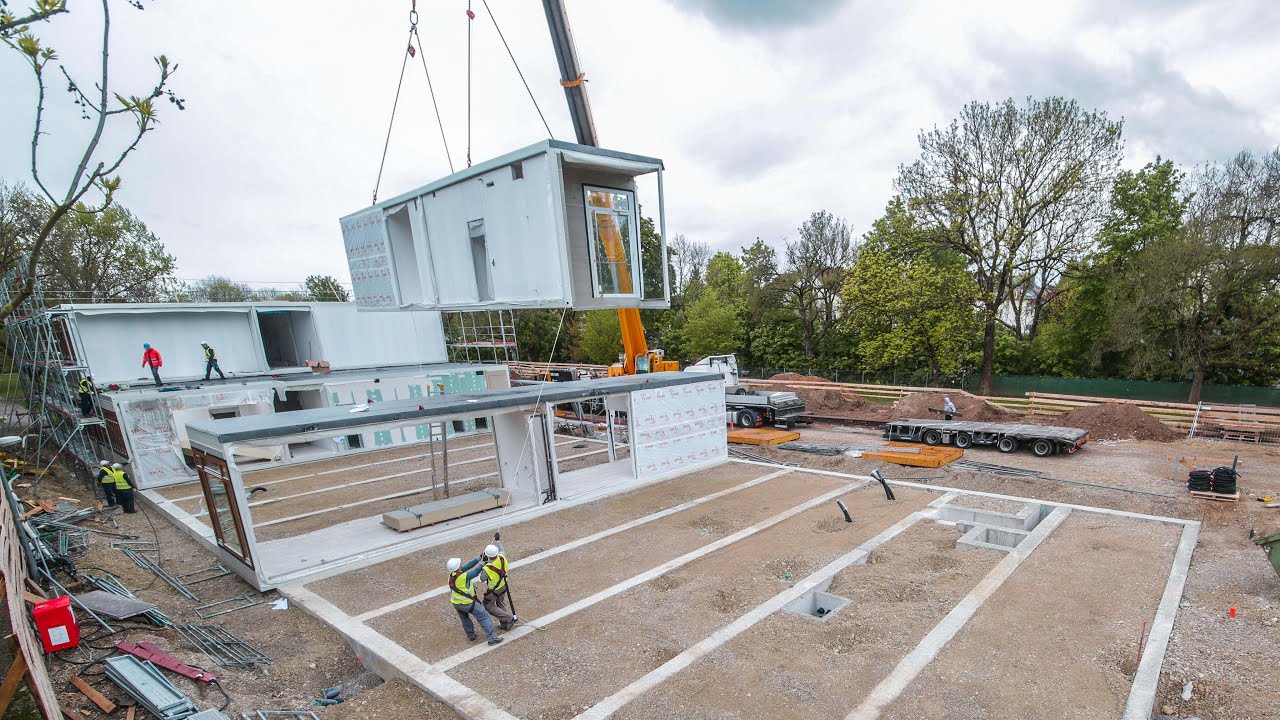 Grundschule M&uuml;nchen Untergiesing / Harlaching Pavillonanlage | Containerbau Zeitraffer
