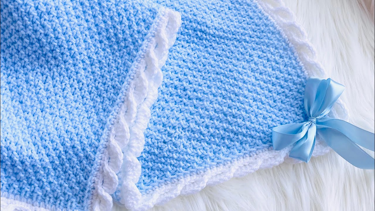 Manta, cobija, colchita de bebe tejida con agujas rectas y linda puntilla facil y rapido de tejer