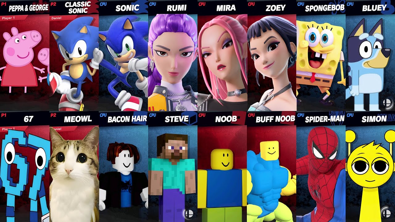 Sonic vs Peppa vs Spider-Man vs 67 vs KPop Demon Hunters vs Roblox vs Minecraft | Super Smash Bros