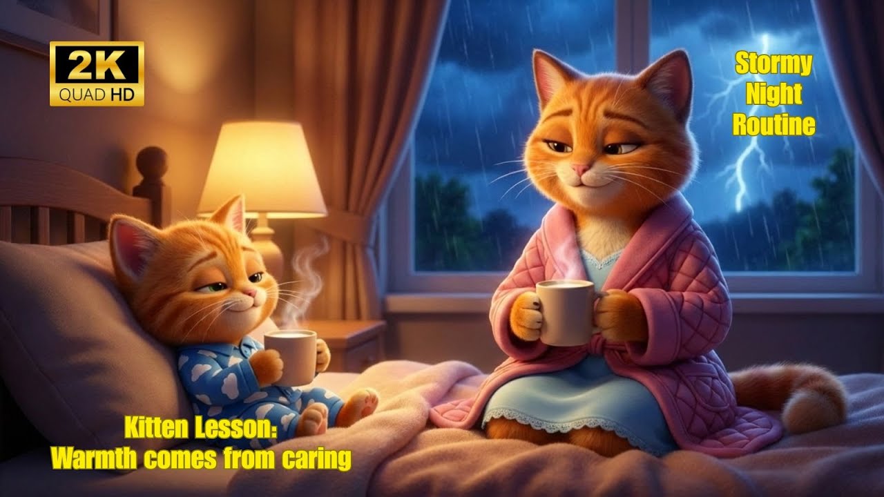 Cat Story: Mama Cat Daisy Shows LEO Kitten Cozy Warm Milk Recipe 🥛🍯Bedtime Routine for Stormy Nights