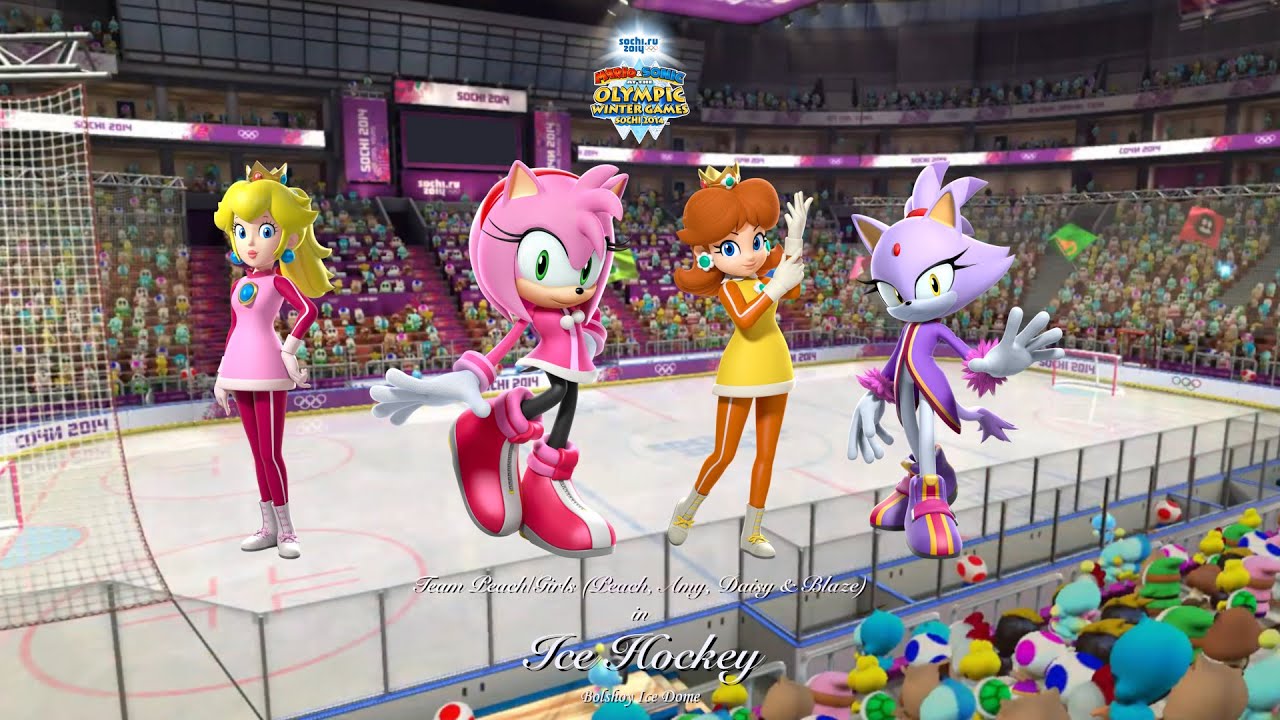 Mario & Sonic at the Sochi 2014 Olympic Winter Games Ice Hockey (Team Peach/Girls)