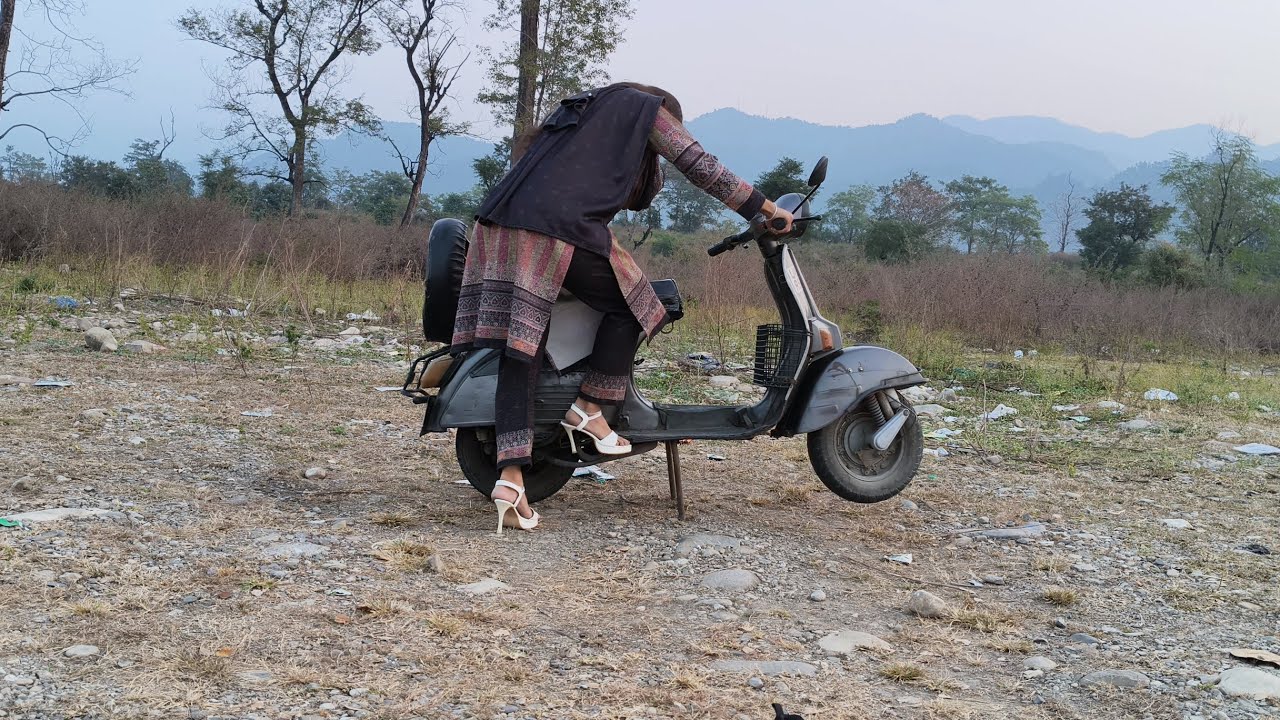 Girl Kickstart Bajaj Chetak in White High Heels | Offroad Scooter Ride Challenge