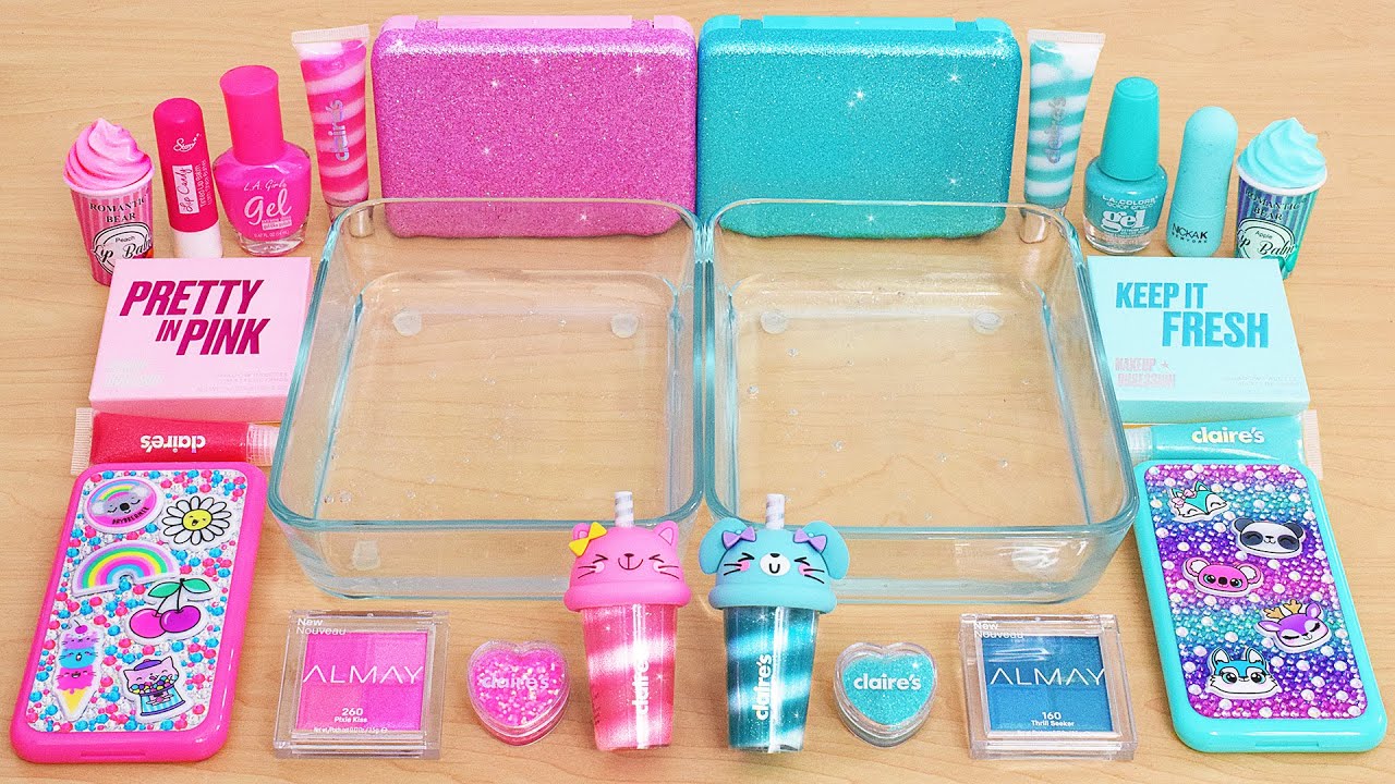 Pink vs Teal - Mixing Makeup Eyeshadow Into Slime ASMR