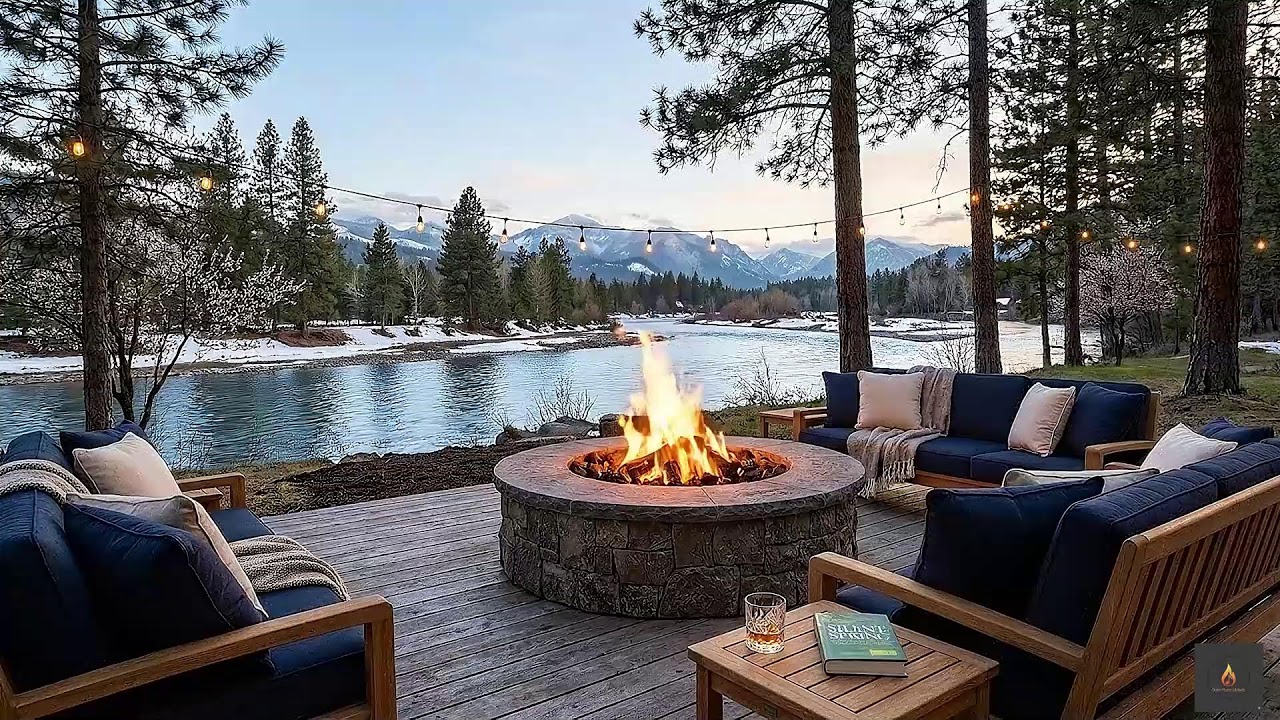 Quiet Serene Smooth Jazz & Fire Crackling Luxury Riverside Deck Forest View Study & Meditate 🧘‍♂️