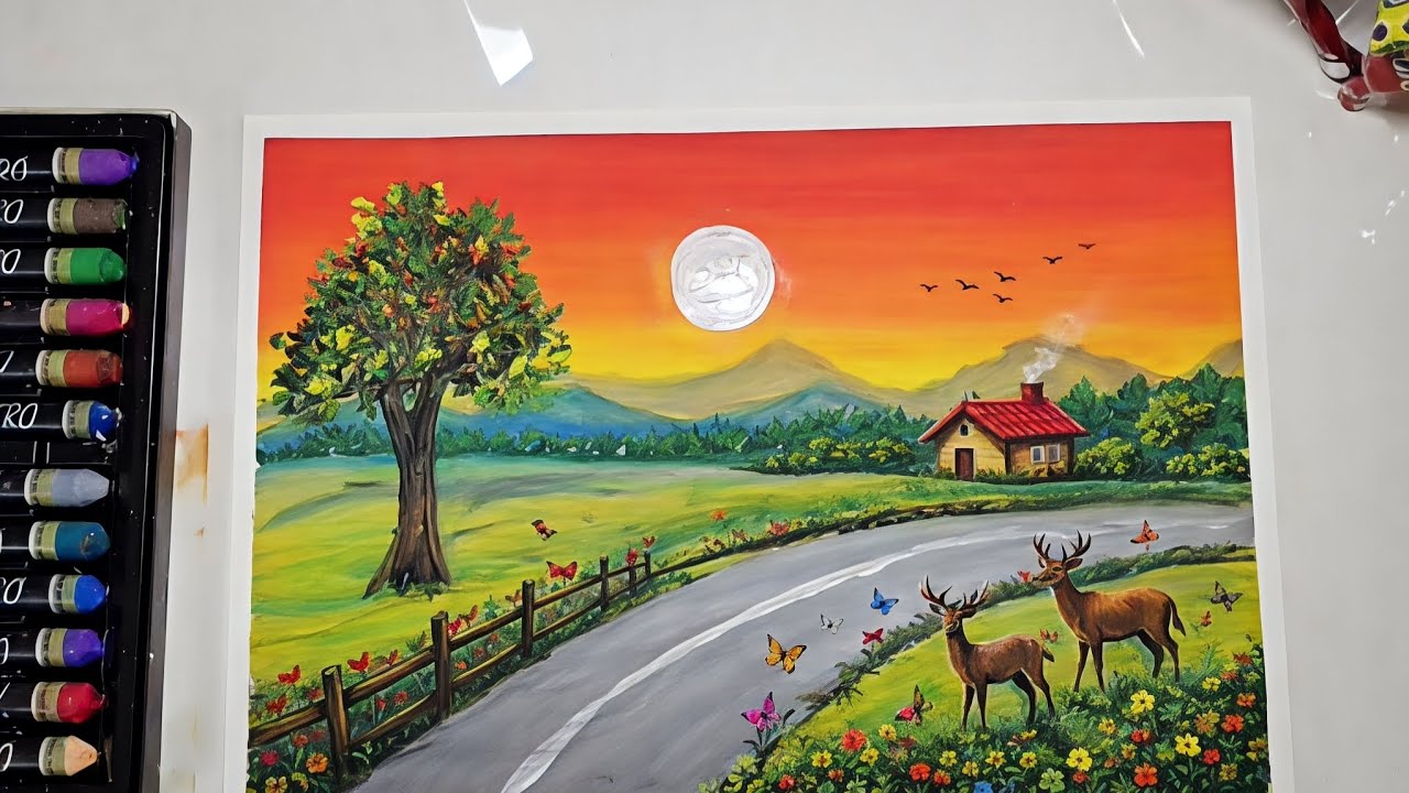 Beautiful Sunset Landscape Drawing | Oil Pastel Art for Beginners | Easy Scenery Tutorial